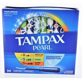 Tampax Tampons Pearl Triple Pack 34 Count Unscented 18 Regular+8 Super+8 (2 Pack)