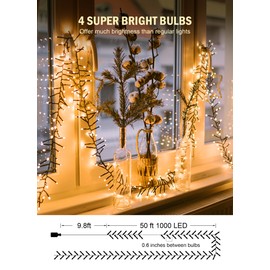Christmas Tree Lights Outdoor Cluster Lights - 1000 LED 50 Ft Christmas Firecrackers String Lights, 8 Modes Timer Remote Waterproof Plug in Twinkle Fairy Lights for Xmas Tree Garland Window Party
