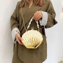 MEGAUK Ladies Seashell Purse Shell Wallet Sequined Shell Shape Chain Shoulder Bag Mini Glitter Party Clutch Pouch (07667 Gold)