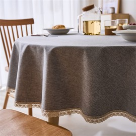 Linen Textured Round Tablecloth with Lace Trim - Waterproof Spill Proof Table Cover for Kitchen Dining Tabletop Decoration, Grey, Round - 78 inch