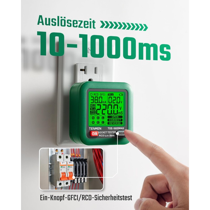 TESMEN TOE-100EMAX Intelligent Socket Tester with GFCI/RCD Trigger Test, LCD