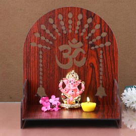SATVIK 1 Pc DIY MDF Puja Mandir Set Easy to Build Om Design Pujan Ghar Temple Table Top God Sihasan Indian Hindu Festive Diwali Wooden Pattern Bhagwan Darbar Home Office Décor Portable Pooja Stand