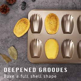HONGBAKE HONGBAKE Nonstick Madeleine Pan 2 Pack 12-Cavity Heavy Duty Madeleine Cookies Trays for Oven Baking, Warp Resistant Shell Shape Madeleine Mold Cake Pan, Champagne Gold