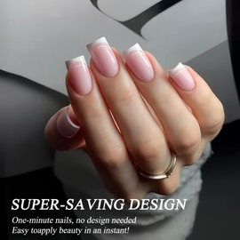 Press On Nails French Tip - Medium Square False Nails - Upgrade White French Tip Pink False Nails With Glue - Acrylic Full Cover Stick On Gel Nails For Women Nail Art DIY