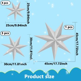 Haconba 8 Pack 7-Pointed 3D Paper Stars White Hanging Paper Star for Christmas Wedding Birthday Holiday Party Hanging Decor, 4 Size