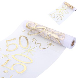 Hejo 50th Birthday Table Runner, 28 cm x 10 m, 50th Birthday Decoration, Wide Party Table Shiny Gold Decoration, 50 Gold Colour Decorative Fabric Banner for Men and Women