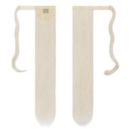 FESHFEN Straight Long Ponytail Extensions 28 Inch Ash Platinum Blonde Wrap Around Synthetic Hair Piece Pony Tail Hair Extensions Hairpieces for Women