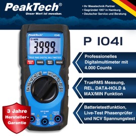 PeakTech 1041 True RMS Digital Multimeter, Auto-Range, 4,000 Counts, Continuity Tester, Multiple Meter, Voltmeter; 600 V - 10 A AC/DC - CAT III, Black