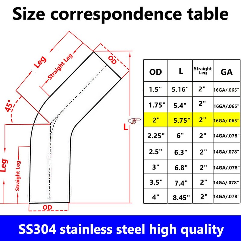 KOTVTM 2" Stainless Steel Elbow 45° Mandrel Bend Elbow -