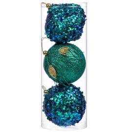 Oairse 10cm Large Christmas Balls 3 Pcs Peacock Blue Christmas Baubles Ornaments for Glitter Christmas Tree Ornaments Garland Holidays Decor, Unique Designs Featuring Feather, Glitter, and Sequin