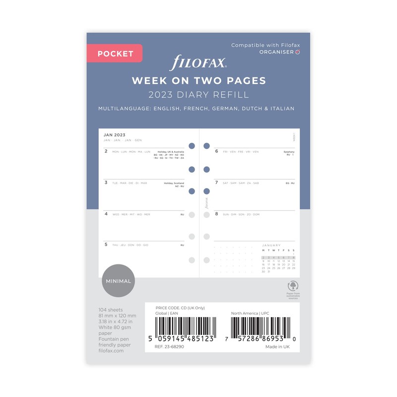 Filofax Miniimal WTV Diary Refill Pack Pocket 2023, 23-68290, Minimal