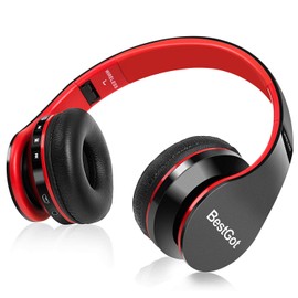 BESTGOT BT6002 - Auriculares Bluetooth para niños y adultos, para la escuela, plegables durante 18 horas para PC, teléfono/tabletas/TV (negro/rojo)