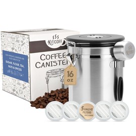 Kitcoff Coffee Grounds and Beans Container Canister with Date Tracker, CO2-Release Valve and Measuring Scoop - Made of Stainless Steel with Airtight Lids - Medium, 16oz, Silver