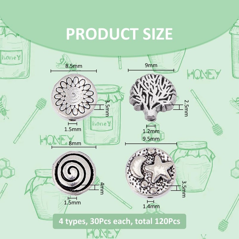 SUPERFINDINGS 120Pcs 4 Styles Silver Flat Round Spacer Beads Alloy