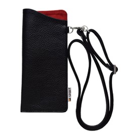 wakuwakumonkey Eyeglass Case, Glasses Case, Glasses Pouch, Cowhide Leather, Anti-Scratch, Sunglasses Case, Open Type, Brushed Material, Elastic Neck Strap Included, Black