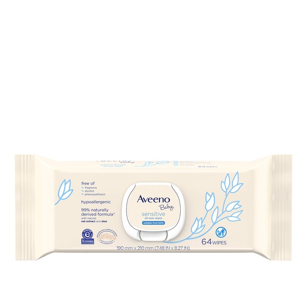 AVEENO Baby Sensitive All Over Wipes, Paraben- & Fragrance-Free, 64 ea (Pack of 2)