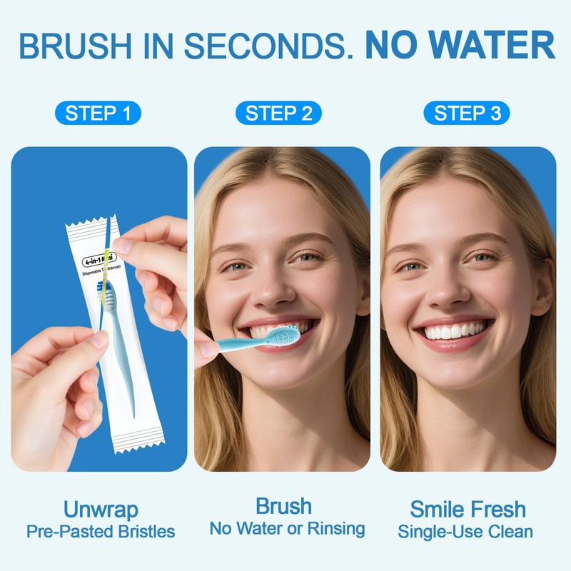 JOUGE 4-in-1 Pre-Pasted Travel Toothbrushes, 40 Pack,Mint, No Water Needed