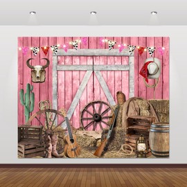 ChloropLastid 10x8ft Western Cowgirl Backdrop Pink Barn Door Cow Farm Country Rustic Wooden House Photography Background Cowgirl Birthday Party Decoration Photoshoot