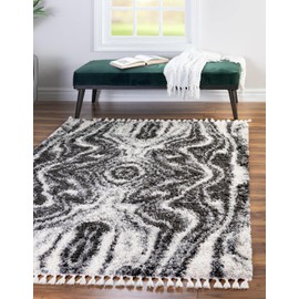 Unique Loom Hygge Shag Collection Area Rug - Valley (5' 3" x 8' Rectangle, Black and White/Gray)