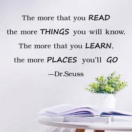 Reading Wall Decals Quotes The More That You Read The More You Know Dr.Seuss Wall Sticker, Removable DIY Inspirational Education Art Vinyl Decal Mural Home Nursery Childrens Bedroom Classroom Decor