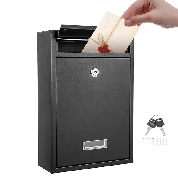 Trintion Letter Box 32 x 21.5 x 8.5cm Post Box Wall Mounted Steel Mail Box Parcel Delivery Box Lockable Letter Weatherproof Post Box with 2 Keys Stylish Letterbox for Keep Your Mail Safe (Black)