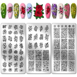 PH PandaHall 3pcs Flowers Nail Stamping Plates, 68 Patterns Floral Rose Nail Art Templates Plant Nail Art Stencil Stainless Steel Nail Image Plates for Women Nail Design Print Manicure Salon Spring