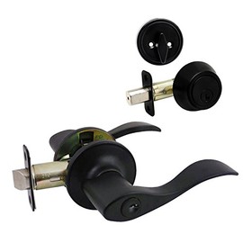 Designers Impressions Kingston Design Black Entry Lever with Matching Single Cylinder Deadbolt Combo Pack Keyed Alike (We Key Lock Orders Alike for Free)