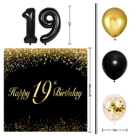 Happy 19th Birthday Balloons Black Set Decor - Cheers to 19 Years Old Party Theme Garland Banner Backdrop Decorations For Women and Men Supplies