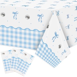 Coquette Blue Bow Party Tablecloths - 3Pcs Watercolor Bow Knot Birthday Party Table Cover Decorations, Blue Ribbon Themed Rectangular Plastic Disposable Table Cloth for Birthday Baby Shower Wedding