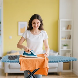 BKTD Compact Ironing Board 13 x 43, Iron Board with Heat Resistant Surface, Adjustable Height, Space Saving Table with Hook & Iron Rest for Home & Laundry Room, Diagonal Checkered Blue