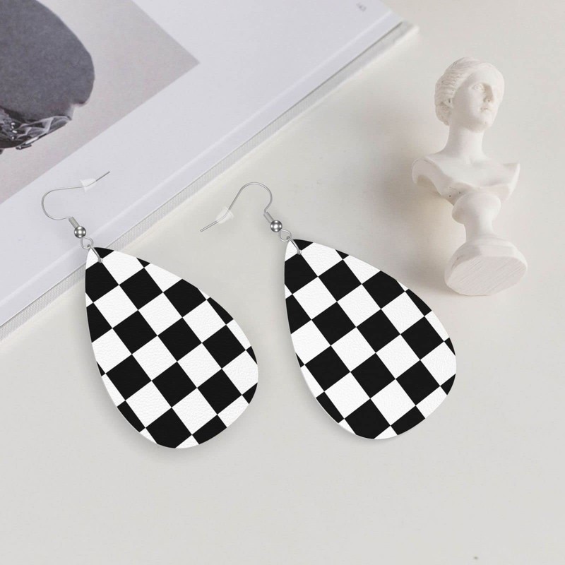 Checkerboard Chess Board Flag Faux Leather Teardrop Earrings for Women