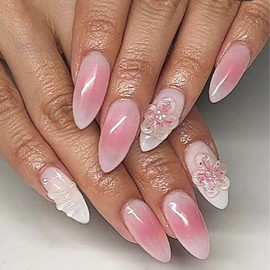 LOPMNGHT Press on Nails Medium Almond Shaped Flower False Nails with 3D Floral Design Nude Pink Smudge DIY Stick on Nails Artificial Acrylic Nails Full Cover Coffin Nails Glue on Nails for Women