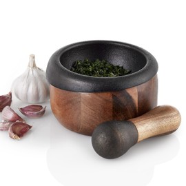 AdHoc MO20 CRUSH Pestle & Mortar | Cast Iron/Acacia Wood | Spice Grinder/Herb Grinder | (H)75mm x (D)130mm | Brown/Black