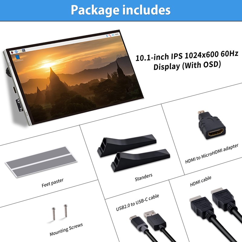 GeeekPi 10.1 Inch LCD Screen for Raspberry Pi, 1024x600 IPS