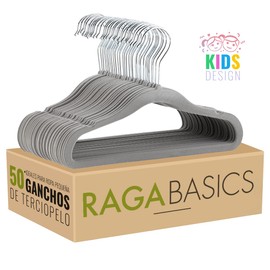 RagaBasics, Set de 50 Ganchos de Terciopelo Color Gris para Niños, Perchas Metalicos de Alta Calidad con Rotacion 360°, Antideslizantes y Resistentes 