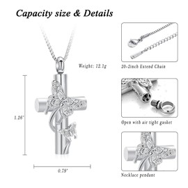XSMZB Butterfly Cross Urn Necklace for Ashes of Loved One Funeral Keepsake Cremation Jewelry Hold Ashes Women Men Memorial Pendant(Silver)
