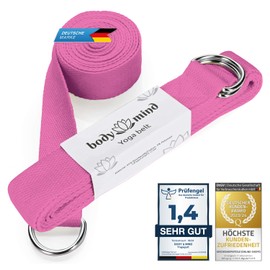 Body & Mind Yoga Strap Made of 100% Natural Cotton - 250 cm Long; Yoga Band Yoga Belt with D-Ring for Beginners & Advanced; Pilates & Fitness Exercises (Pink)