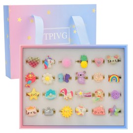 TPIVG Little Girl Adjustable Size Jewelry Rings in Box, Kids Pretend Play and Dress Up Flash Rings, Daughter's Gift, No duplication 24 Jewel Rings