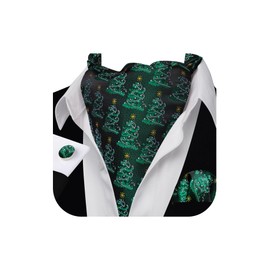 Barry.Wang Mens Christmas Ascot Tie Set Black Green White Xmas Tree Cravat Self Scarf Neckties Pocket Square Cufflinks Xmas Gift Party Holiday Festival