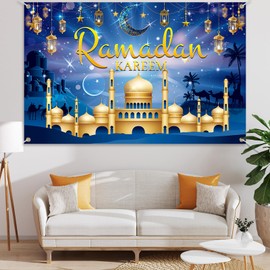 Heartsking Ramadan Mubarak Decoration, Umrah Mubarak Decoration Blue Extra Large Ramadan Decoration Eid Mubarak Background Banner, Ramadan Kareem Banner Star Moon for Muslim Islamic Party Ramadan