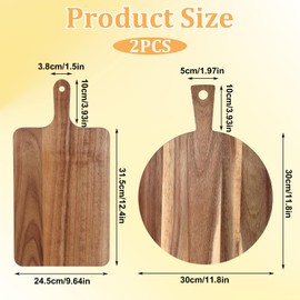 JJUNW 2 Pcs Wood Cutting Board with Handle, Acacia Decorative Wooden Serving Board Cutting Boards Set for Kitchen Charcuterie Cheese Chopping Meat Fruit Pizza Bread Baking (Round & Rectangle)