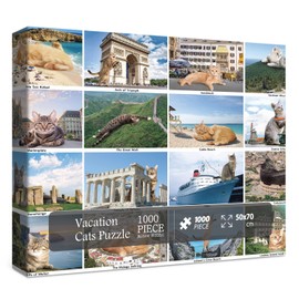 Cat Travel Puzzles 1000 Piece for Adults, Funny Cat World Landmarks Jigsaw Puzzle, World Famous Landscape Puzzle
