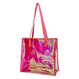 TotePrint Clear Tote Bag Holographic Tote Bag Iridescent Beach Handbag Waterproof Sandproof for Work Stadium Travel (Bright pink)