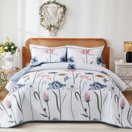 WONGS BEDDING King Set Quilt Set Floral,3 Pieces Blue & Pink Bedspread Coverlet Set Botanical Bedspreads Bed Cover，Quilts Soft Lightweight Farmhouse Flower Bedding Set for Spring Summer(104"x90")