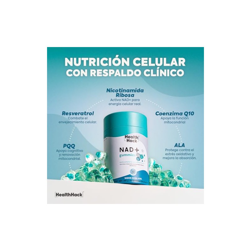NAD+ Resveratrol Nicotinamida Ribosa 60 Gomitas Sin Azúcar Health Hack