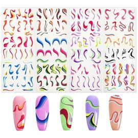 HAIKING Nail Stickers, 4 Sheets Colorful Stripes Lines Rainbow Geometric Nail Sticker for Women, Girls, DIY Nail Decoration