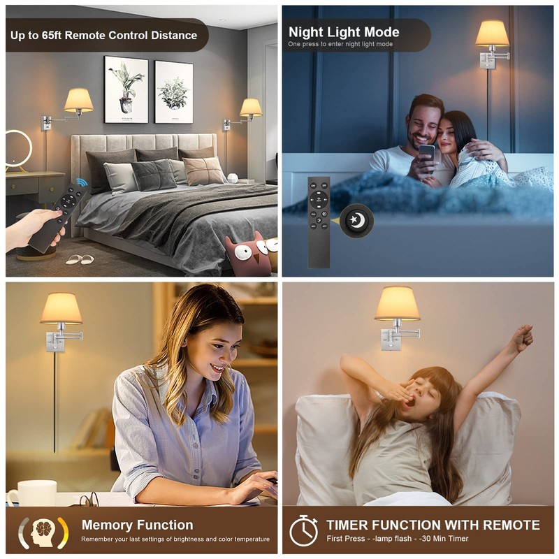 TRLIFE Wall Sconces Plug in, Remote Control Dimmable Wall Sconce