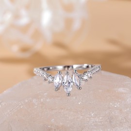 SHINYSO 14K Gold Plated Wedding Band for Women Thin Stackable Ring Dainty Curved Marquise Cubic Zirconia Eternity Engagement Promise Ring Size 4-10 (Silver,Size 7)