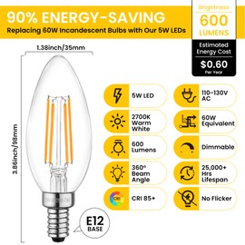 QQLXST 24-Pack Dimmable E12 LED Candelabra Bulbs 60W Equivalent, 2700K Soft Warm White, 600 Lumens Chandelier Light Bulb, B11 Vintage Type B LED Filament Clear Glass Candle Light Bulb for Ceiling Fan