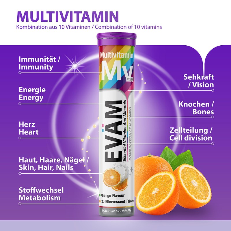 EVÄM Multivitamin Effervescent Tablets, Orange Flavour, 2 x 20 Pieces,